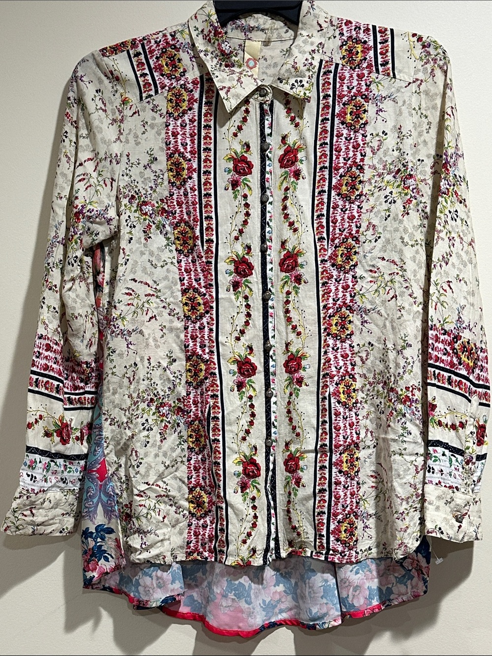 Floral Stripe Button-Down Shirt in Ivory with Red & Pink Accents
